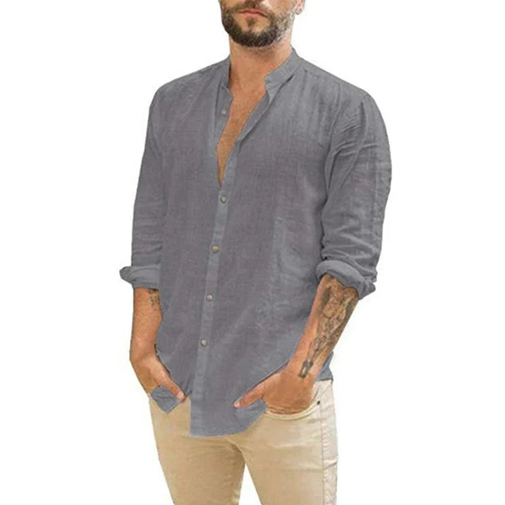Leinenhemd – Langarm – Knopfleiste – Sommerhemd – Herrenhemden-Grau-S-Chaps Herrenmode