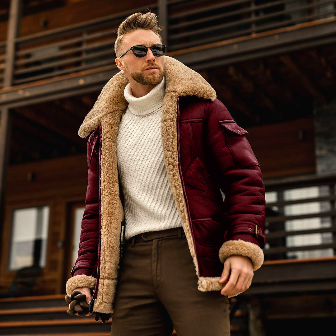 Eveloria Herren Pilotenjacke Imitationsschafsfell Futter