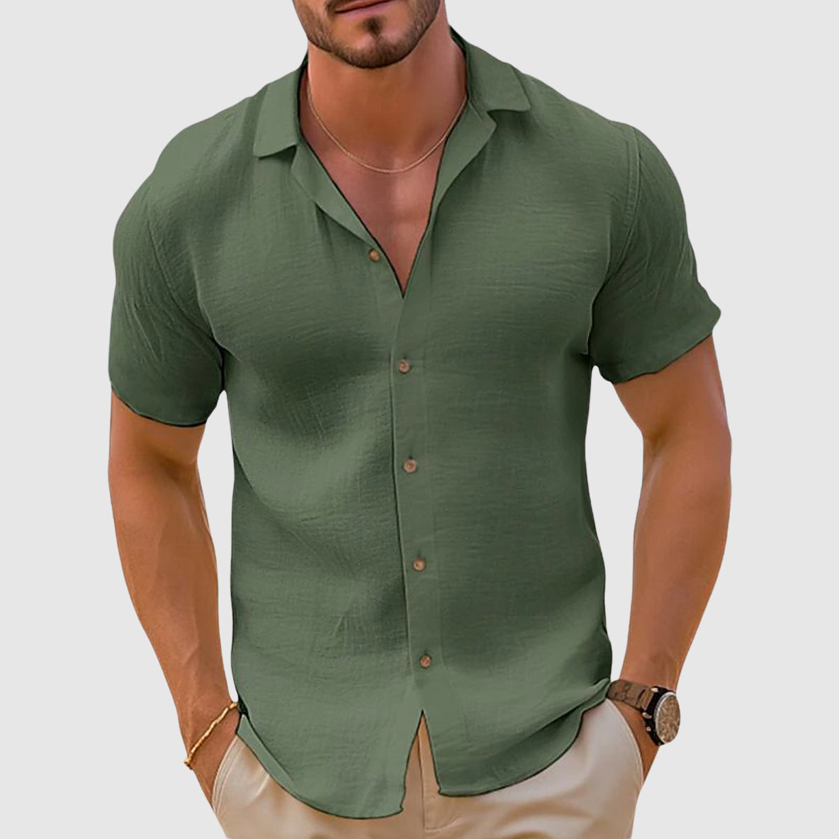 Herren Kurzarm Hemd Knöpfe Beige