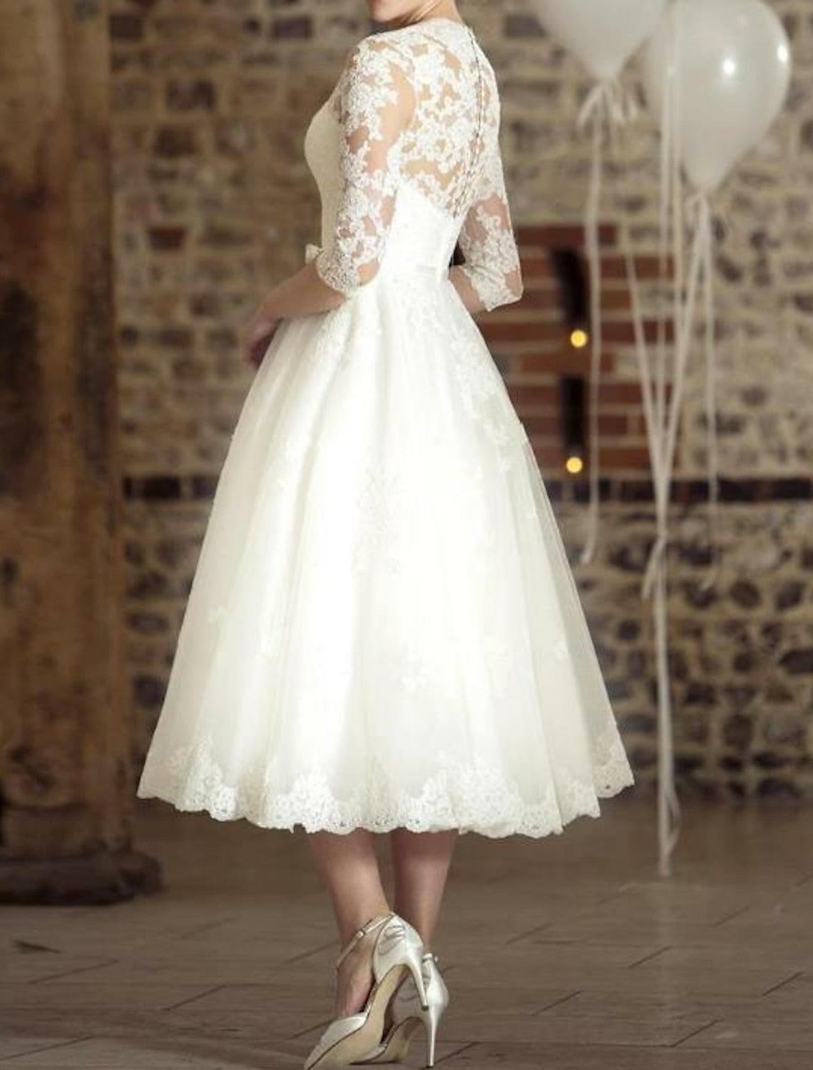 Damen Vintage Hochzeitskleid Spitze Midi-Länge