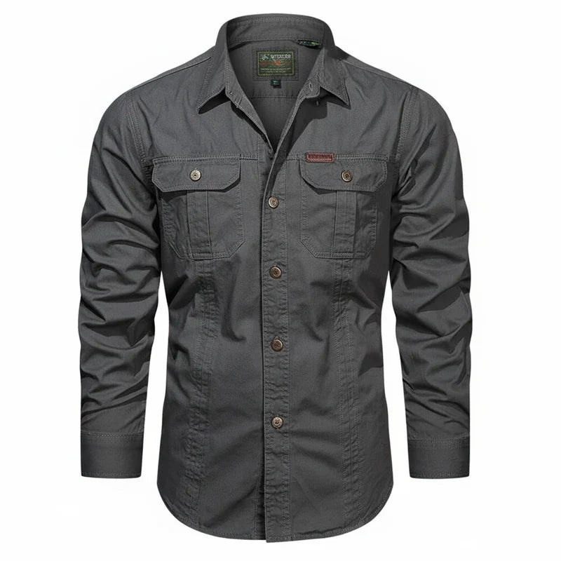 Herren Utility Shirt Doppel Tasche Knopfleisten Baumwolle Beige
