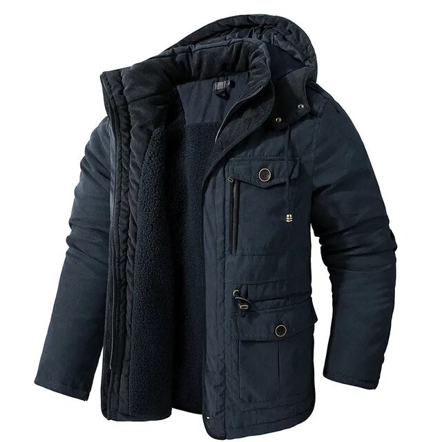 Mit Fleece gefütterte Jacke - Warme Winterjacke mit Kapuze und Taschen für Männer-Marineblau-S-Chaps Herrenmode