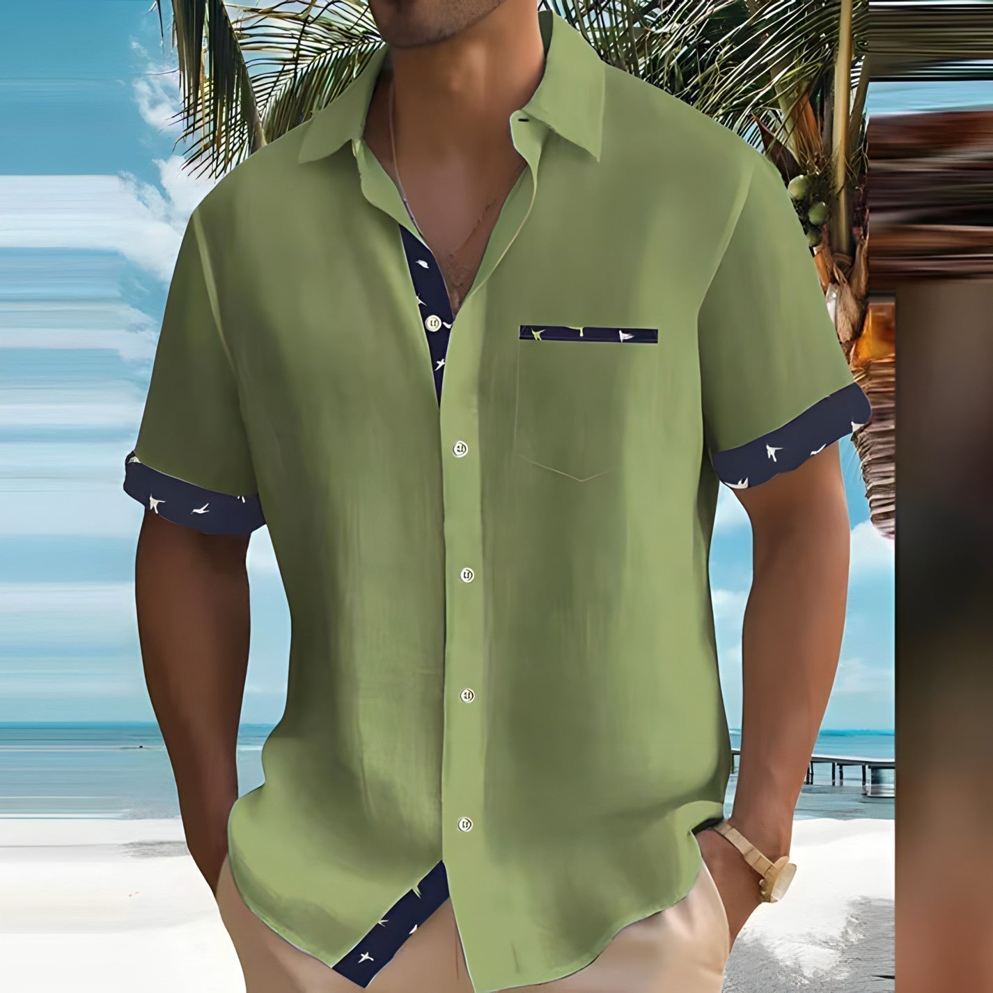 Herren Sommerhemd Reverskragen Kurzarm Leicht Beige