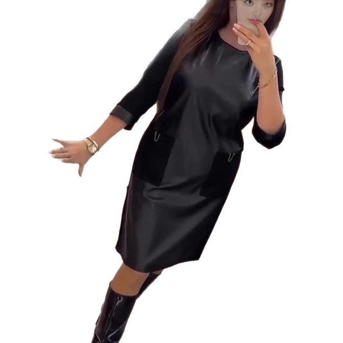Damen Lederkleid Elegantes Design Reißverschlusstaschen
