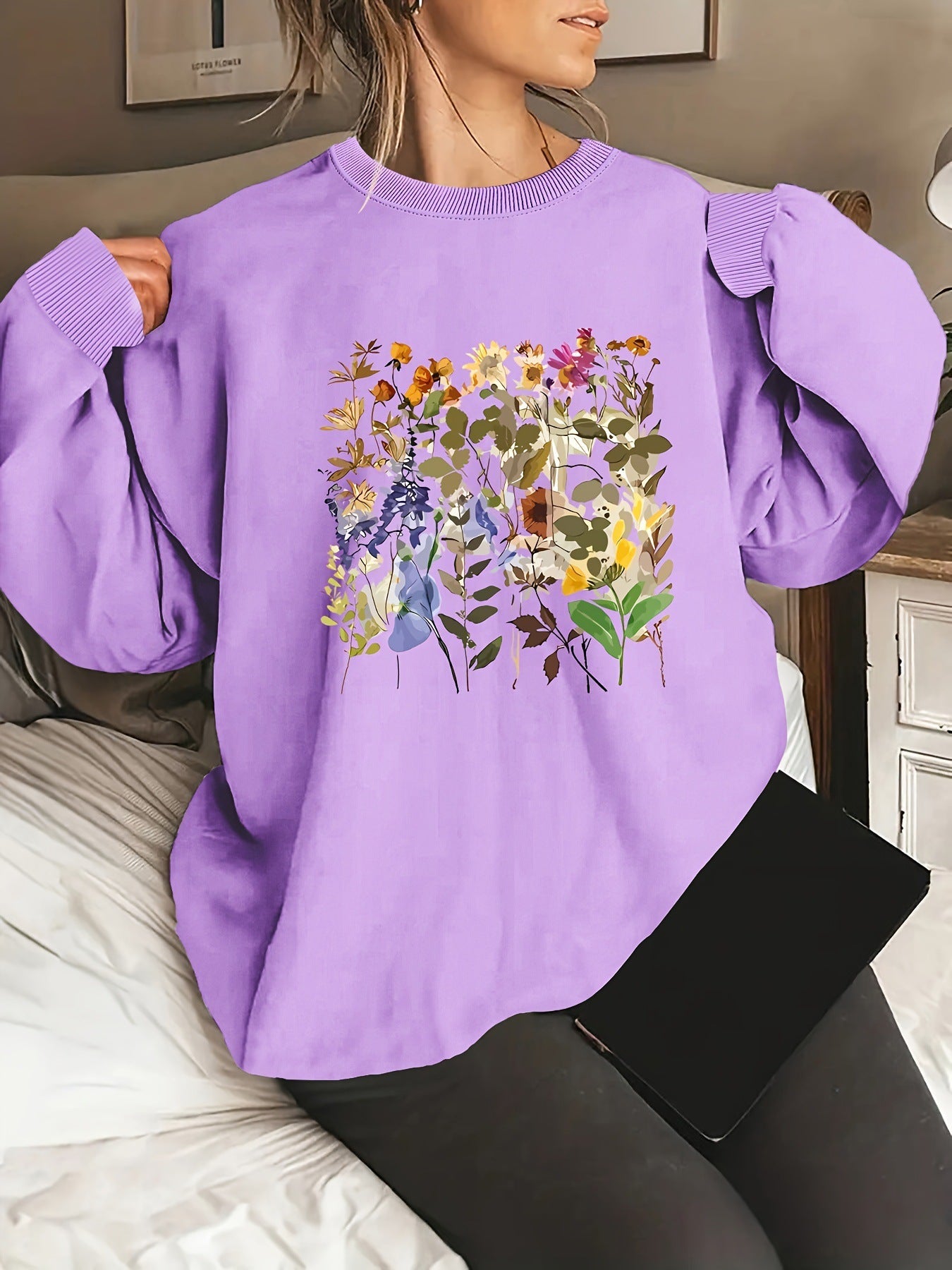 Damen Sweatshirt Floralmuster Bequem Grün
