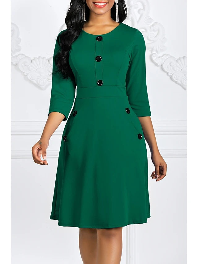 Eveloria Damen Kleid Knieumspielend 3/4-Ärmel Schmuckknöpfe