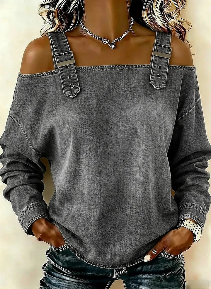 Damen Sweatshirt Lässig Dekorative Schulterdetails Grau Eveloria