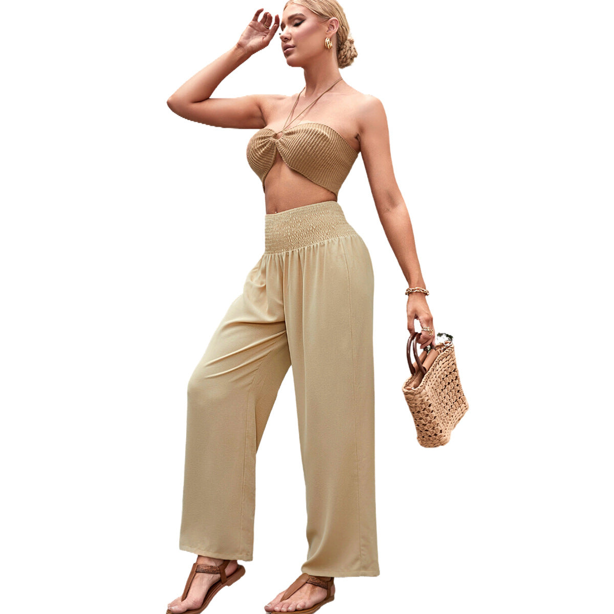 Damen Palazzo-Hose Elastischer Taillenbund Weites Bein