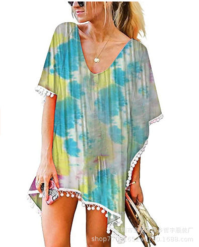 Damen Strandtunika Florales Design Poncho-Art