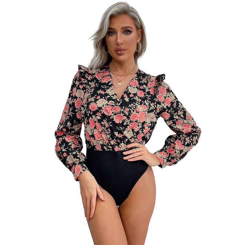 Damen Bluse Floralmuster Rüschenärmel Eveloria