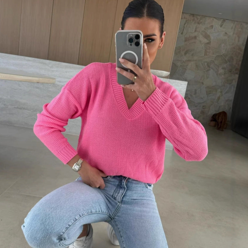 Damen Strickpullover V-Ausschnitt Strukturiert Anthrazit Eveloria