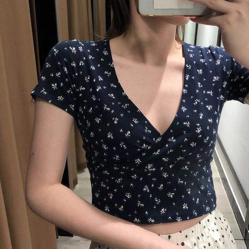 Damen Crop- Floralmuster V-Ausschnitt Elegant