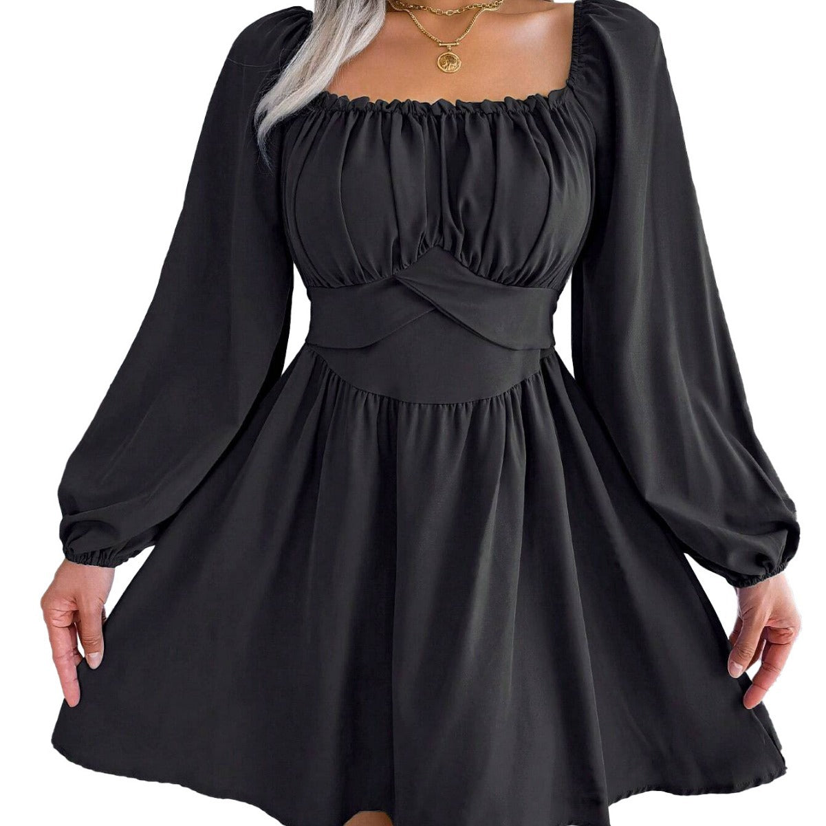 Damen Minikleid Gerafftes Oberteil Lange Puffärmel Eveloria