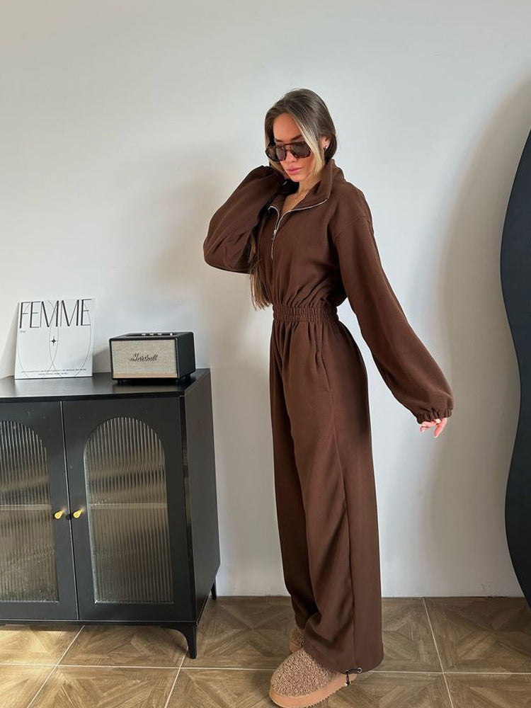 Damen Fleece-Jogginganzug mit Halb-Reißverschluss und elastischem