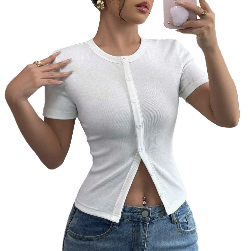 Damen Kurzarmshirt Knöpfe Figurnah Elegant Weiß Eveloria