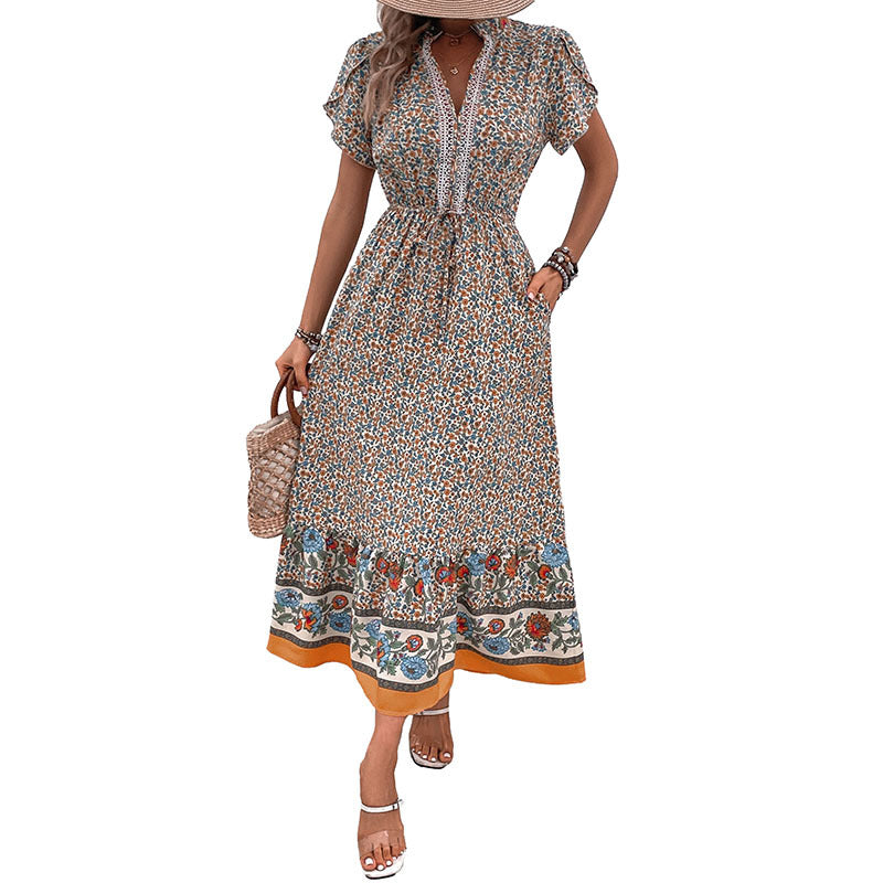 Damen Maxikleid Florale Einsätze Rüschen Elegant