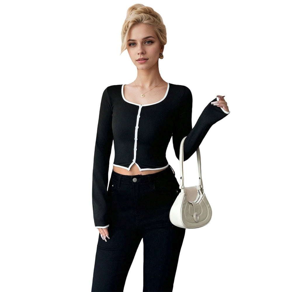 Damen Cropped Langarmshirt Feines Knopfdesign Kontrastierender Saum