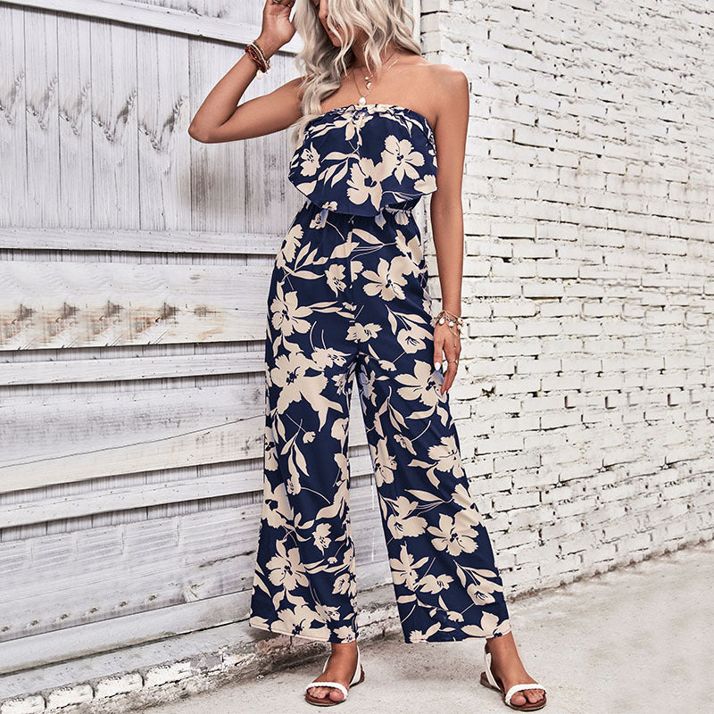 Damen Jumpsuit Florale Rüschen Atmungsaktives Material Weiß