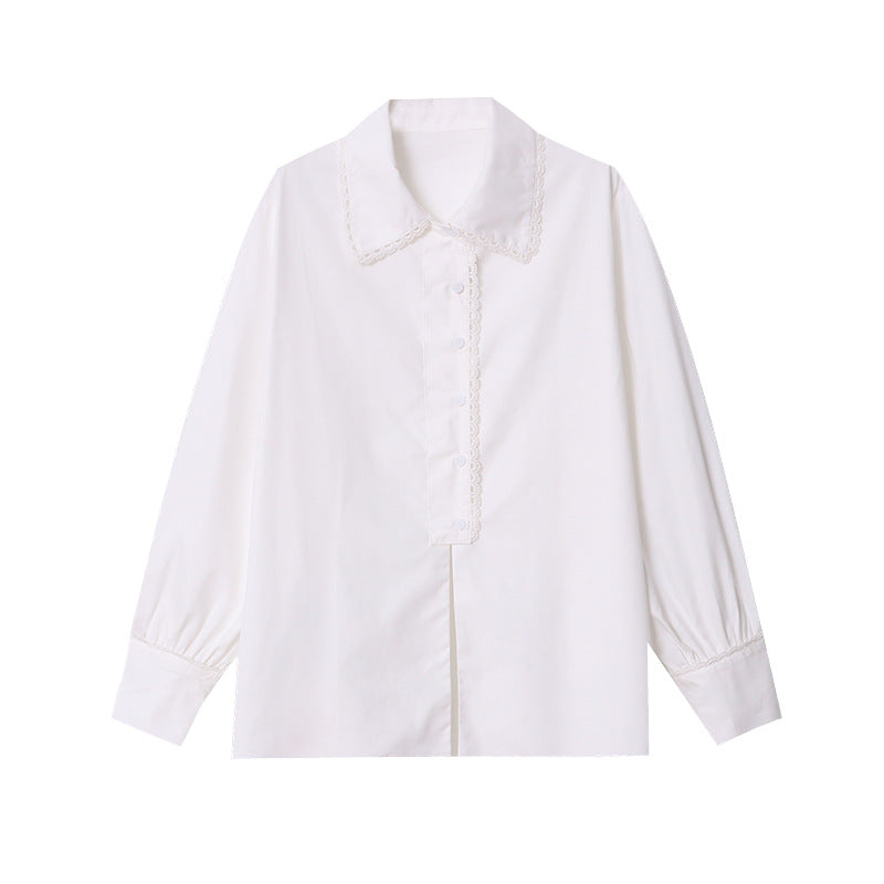 Damen Bluse Spitzenkragen Elegantes Design Weiss