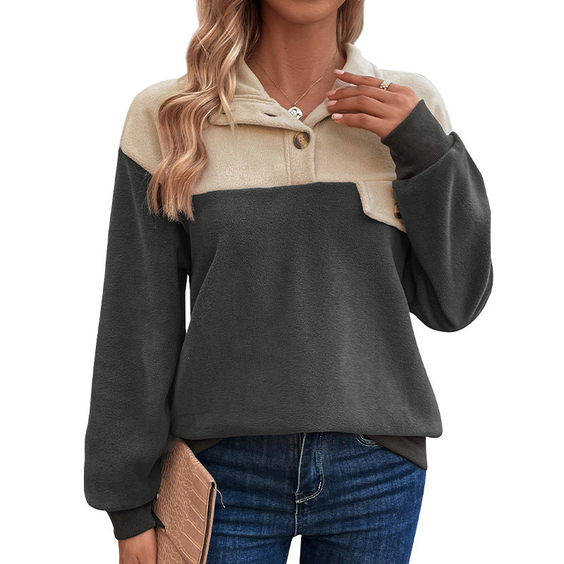 Damen Fleecepullover mit Knöpfen und Taschen Grau