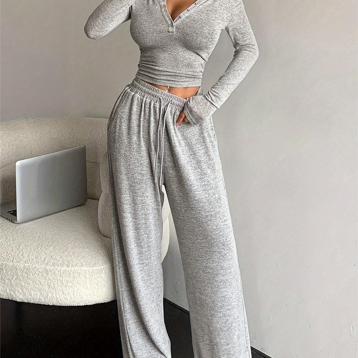 Damen Lounge-Set Elastisch Knopfdetails Beige