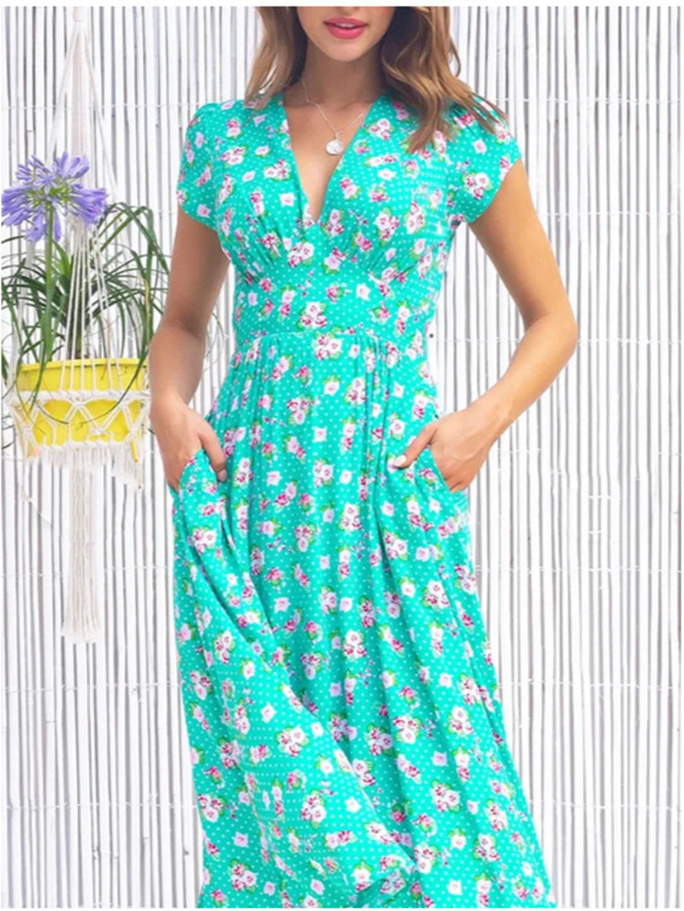 Geblümtes Damenkleid V-Ausschnitt Kurzärmelig Sommerkleid