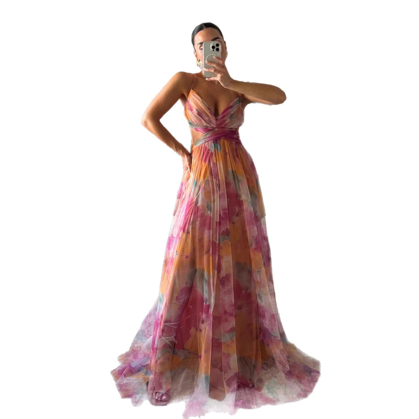 Damen Maxikleid Luftig Blumenmuster Seitenausschnitt Farbenfroh