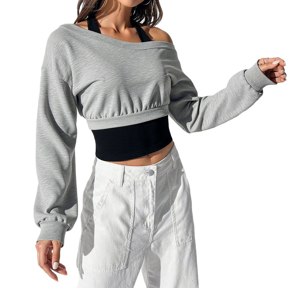 Damen Cropped Sweatshirt Offene Schulter Elastisch Grau
