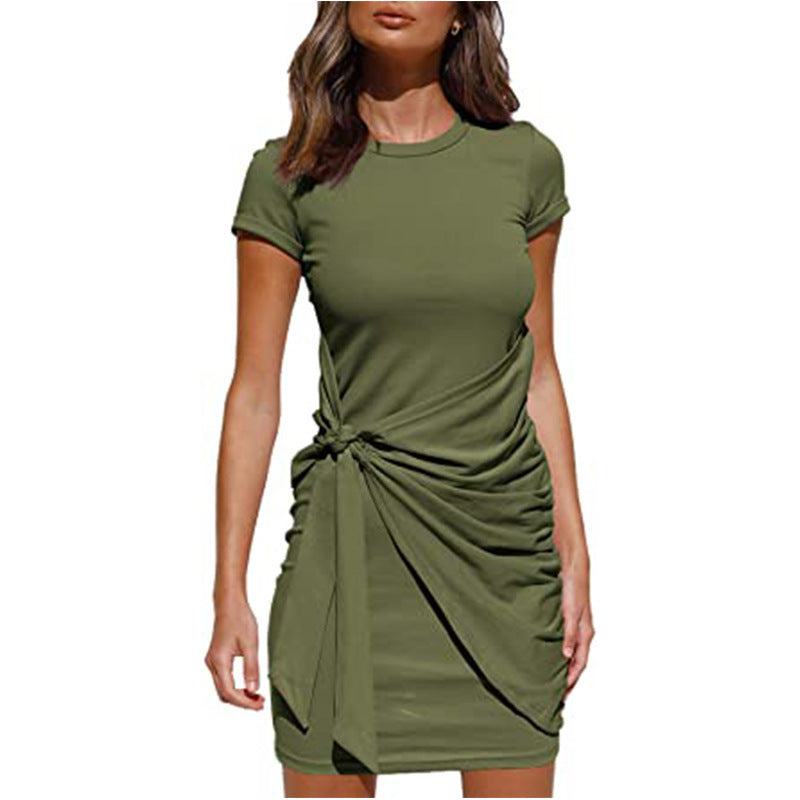 Damen Wickelkleid Kurzarm Raffung Knoten Detail Eveloria