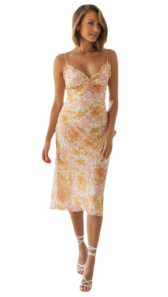 Damen Chiffon-Kleid Elastisch Spaghetti-Träger Floral Eveloria