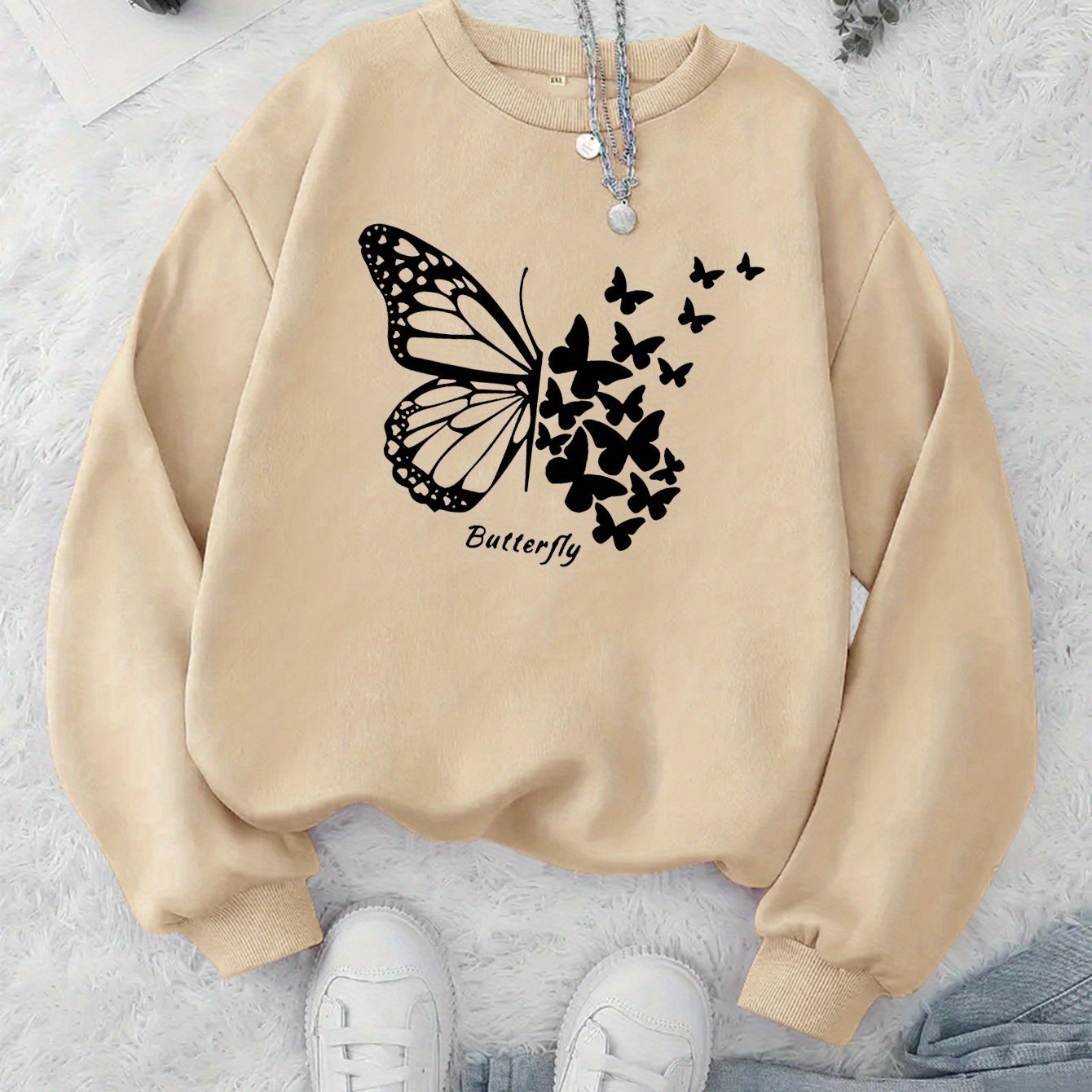 Damen Sweatshirt Schmetterlingsmotiv Lässiger Schnitt Grau Eveloria