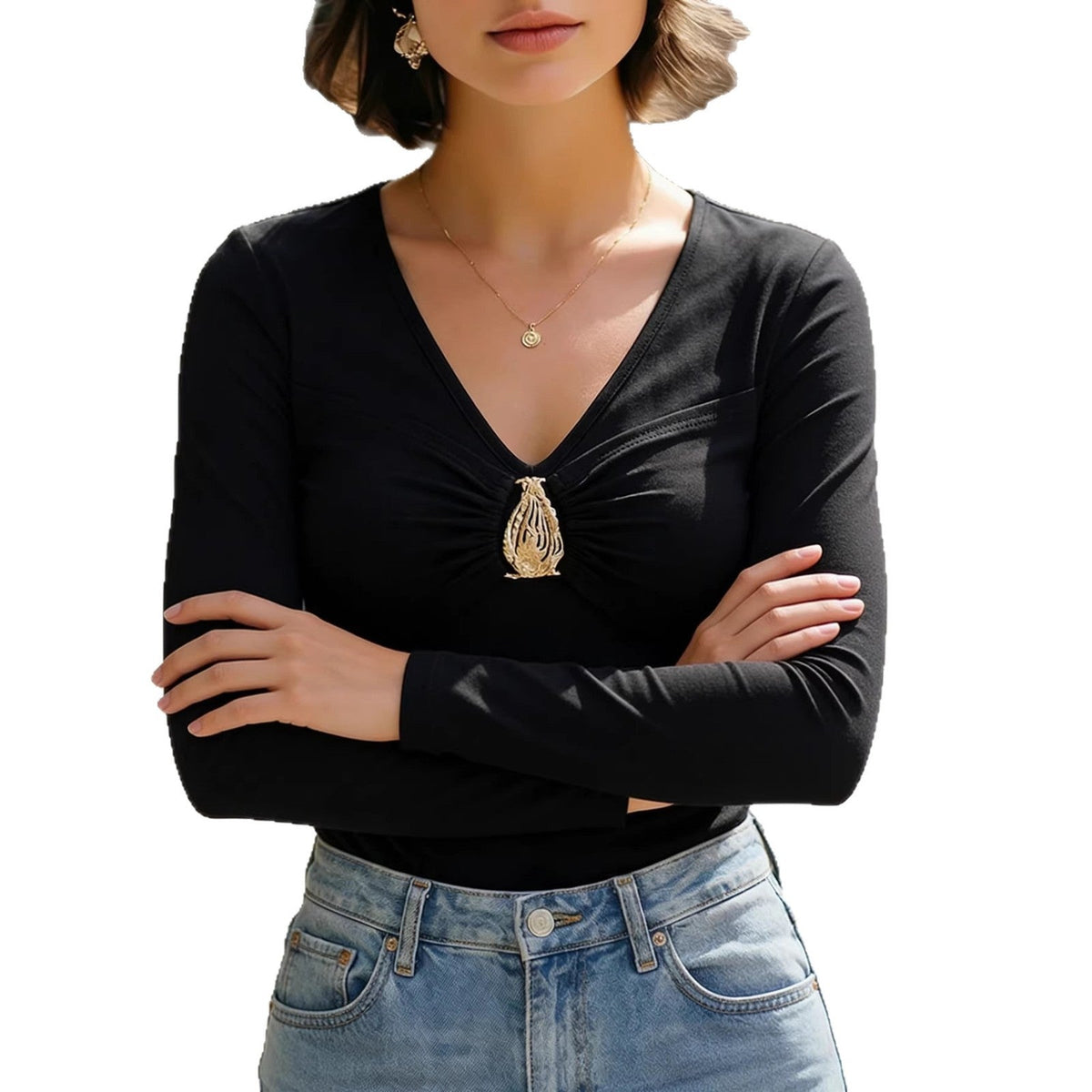 Damen Langarmshirt V-Ausschnitt Dekorative Applikation Eveloria