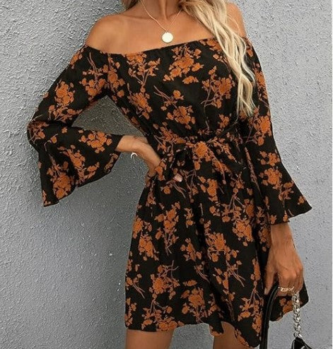 Damen Off-Shoulder Kleid Bunt Muster Eveloria