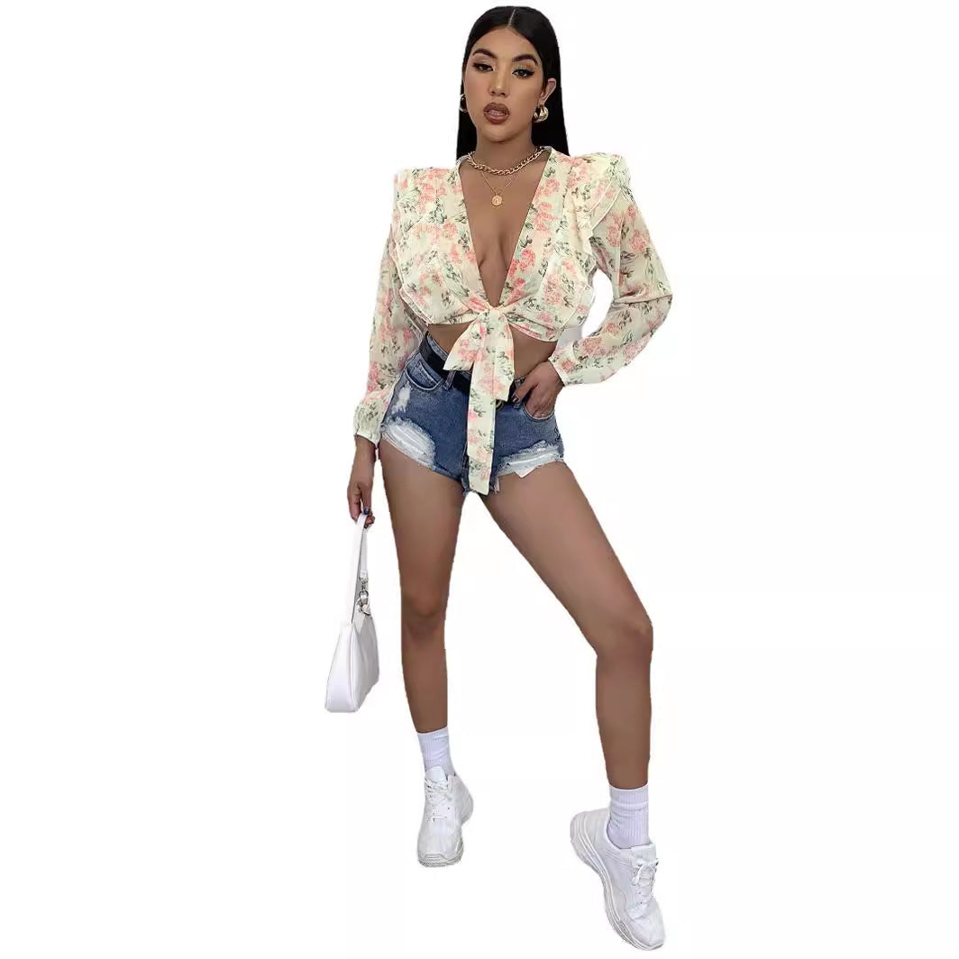 Damen Bluse Rüschen Floralmuster Eveloria
