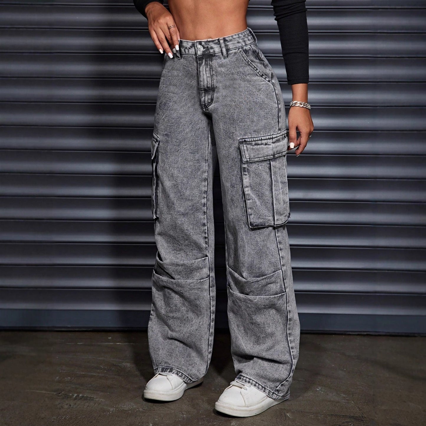 Damen Cargo-Jeans Hoher Bund Praktische Seitentaschen Blau Eveloria