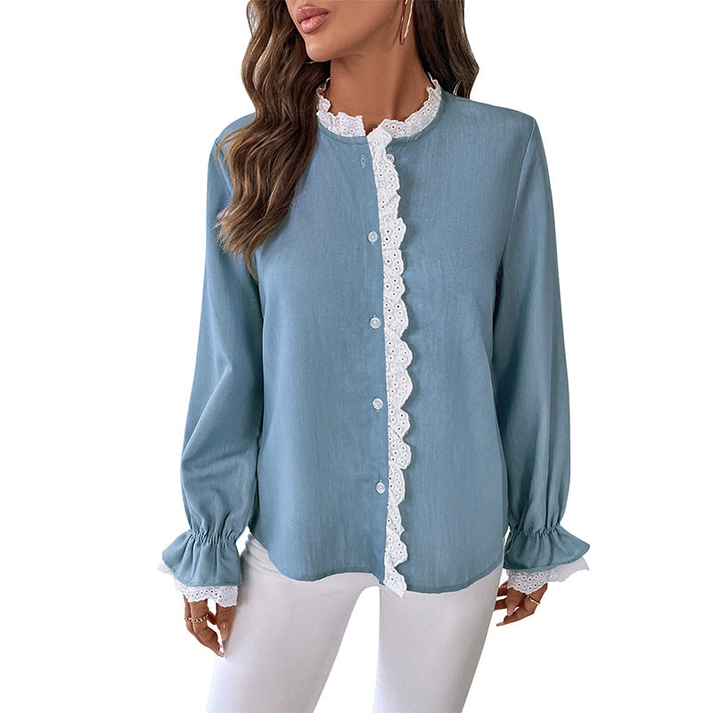 Damen Bluse Rüschen Knopf Detail Eleganz