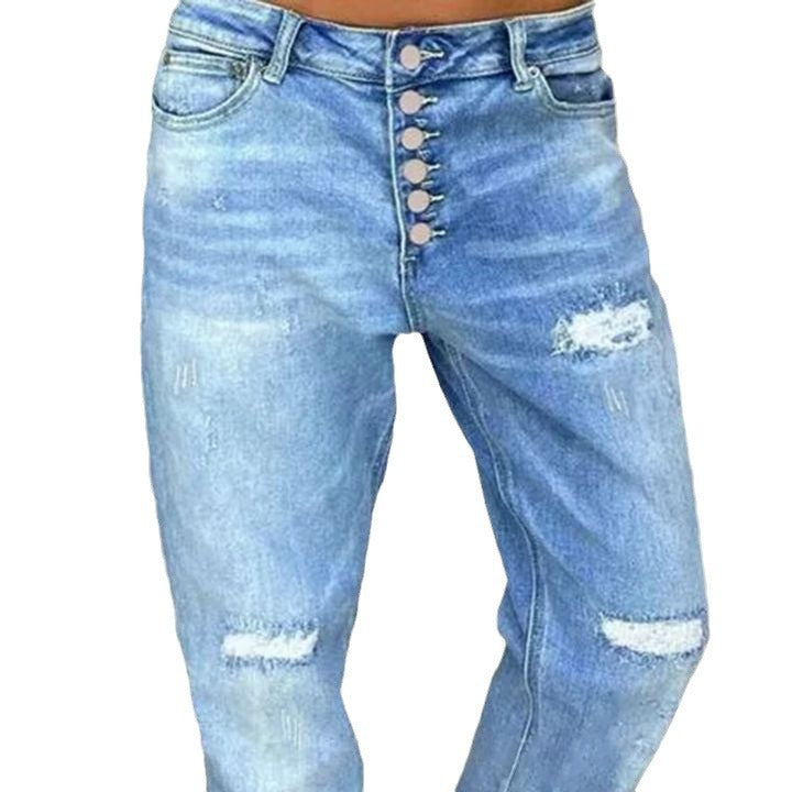 Damen Relaxed Fit Jeans Hochknöpfe Distressed Denim Blau Eveloria
