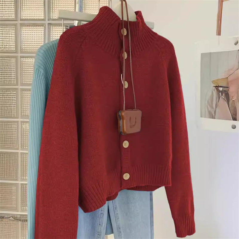 Damen Strickjacke Knielang Stehkragen Holzknöpfe Beige