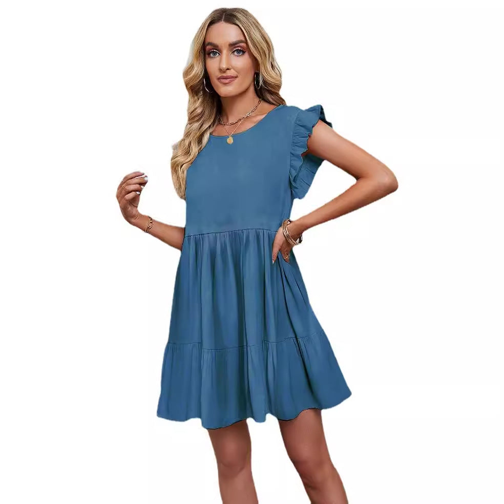 Damen A-Linie Volantkleid Kurz mit Seitenschlitz