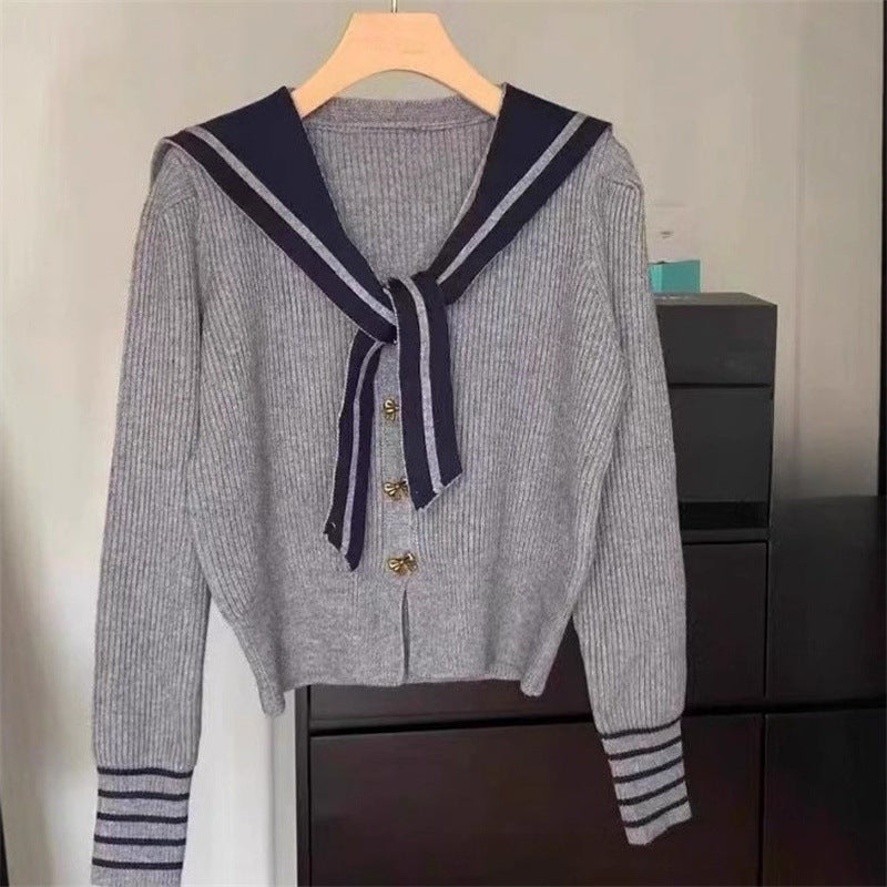 Damen Strickjacke Nautischer Kragen Dekorative Knöpfe Eveloria
