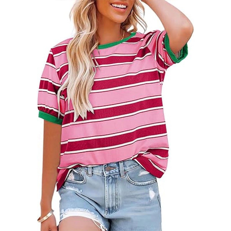 Damen T-Shirt Gestreift Rundhals Baumwolle Weiß/