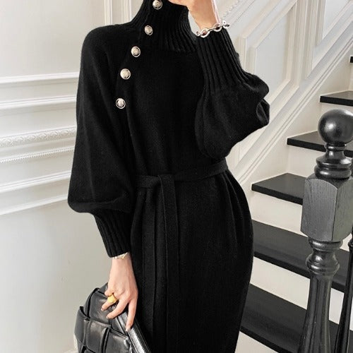 Damen Strickkleid mit Knöpfen und Taillengürtel