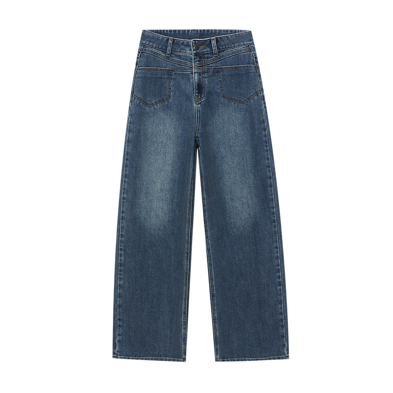 Damen High-Waist Jeans Weites Bein Baumwolle Bequem Blau