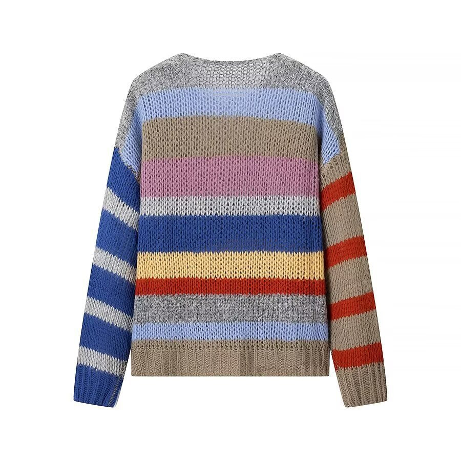 Damen Strickpullover Bunt Streifenmuster Luftig