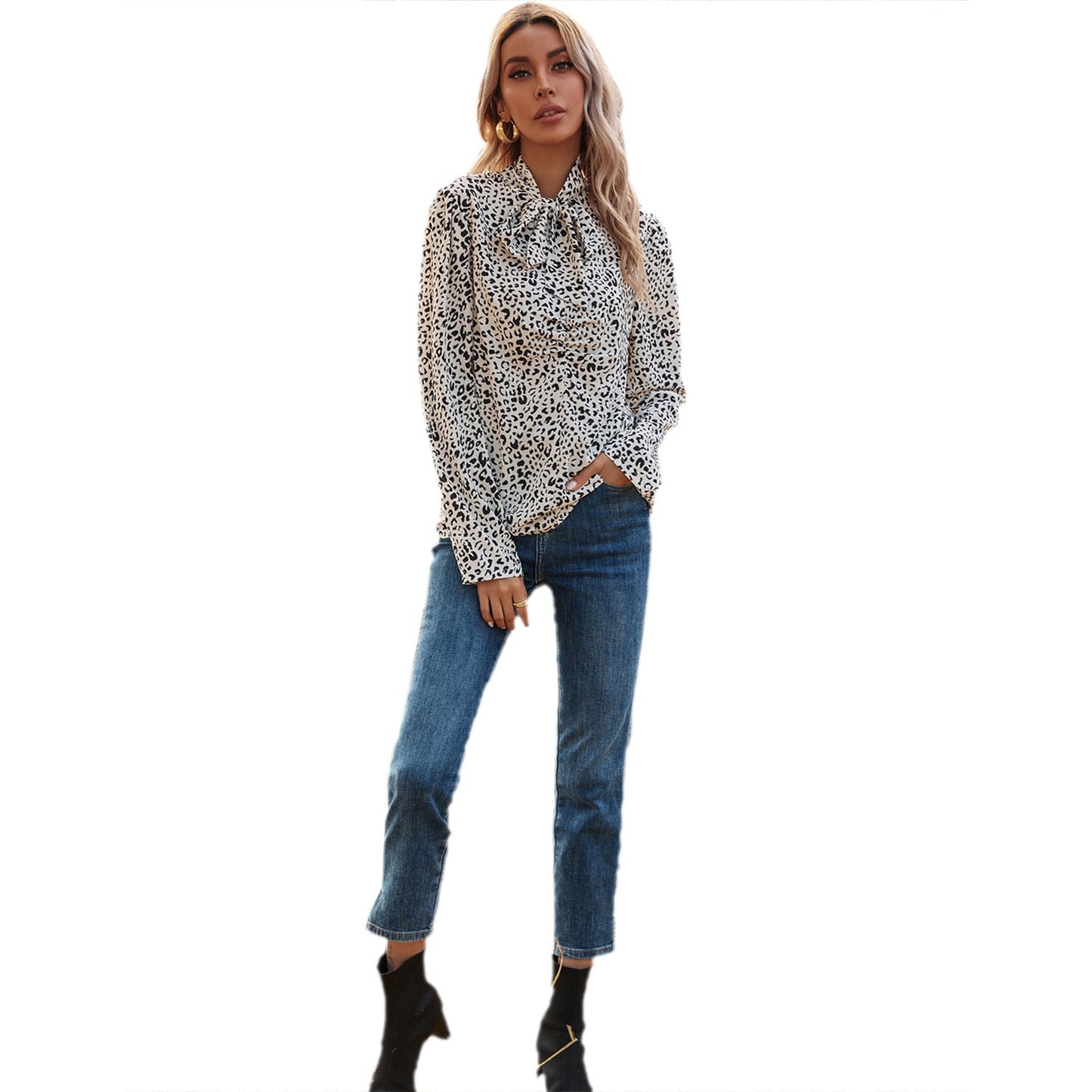 Damen Bluse Leopardenmuster Rüschendetails Elegantes Design