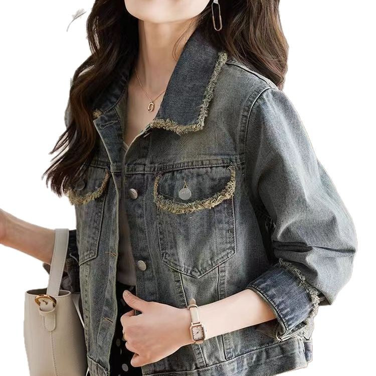 Damen Denimjacke Lässig Mit Fransen Blau