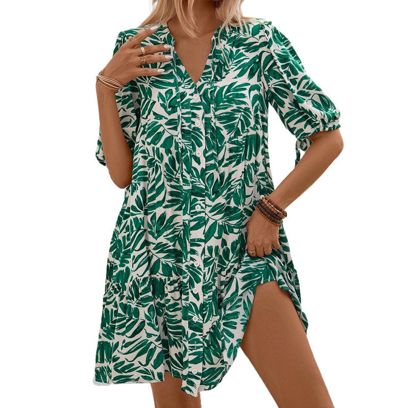 Damen Blusenkleid Botanischer Druck Feminin