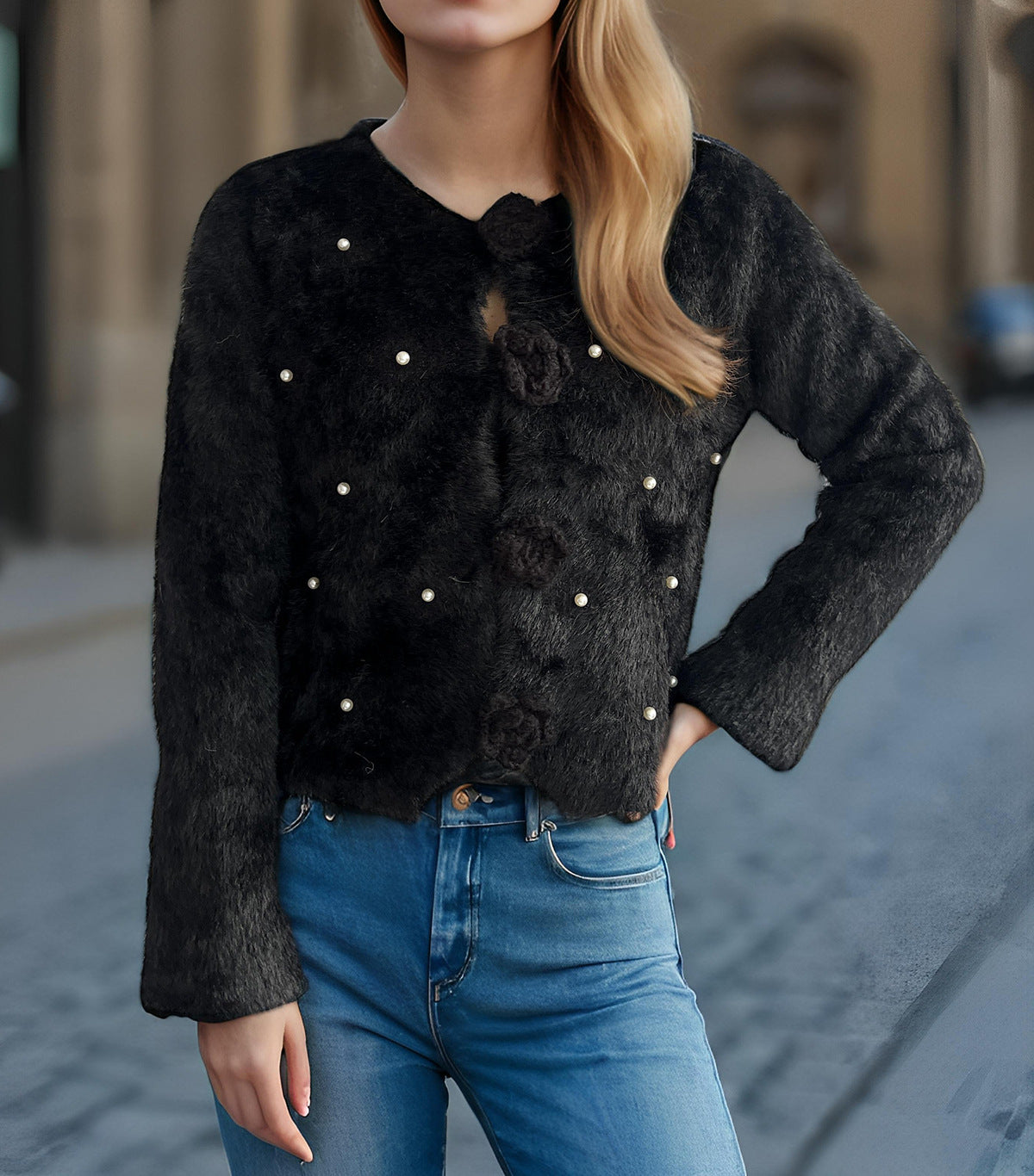 Damen Strickjacke Blumenapplikationen Perlenakzente Eveloria