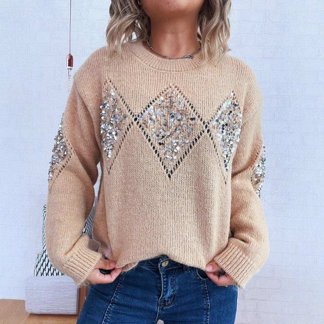 Damen Strickpullover Glitzerpailletten Elegant Eveloria