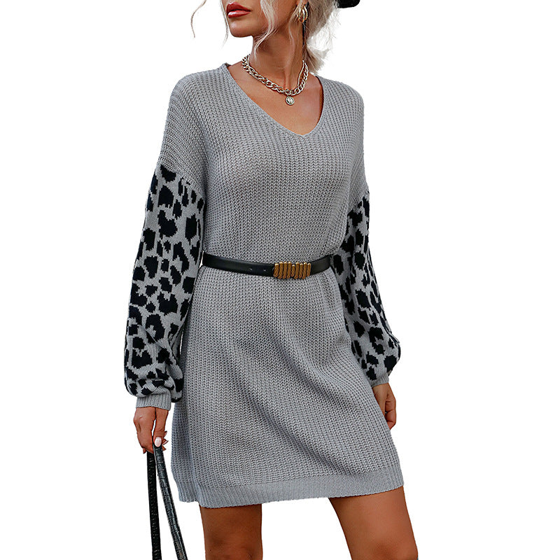 Damen Strickkleid Leopardenmuster V-Ausschnitt